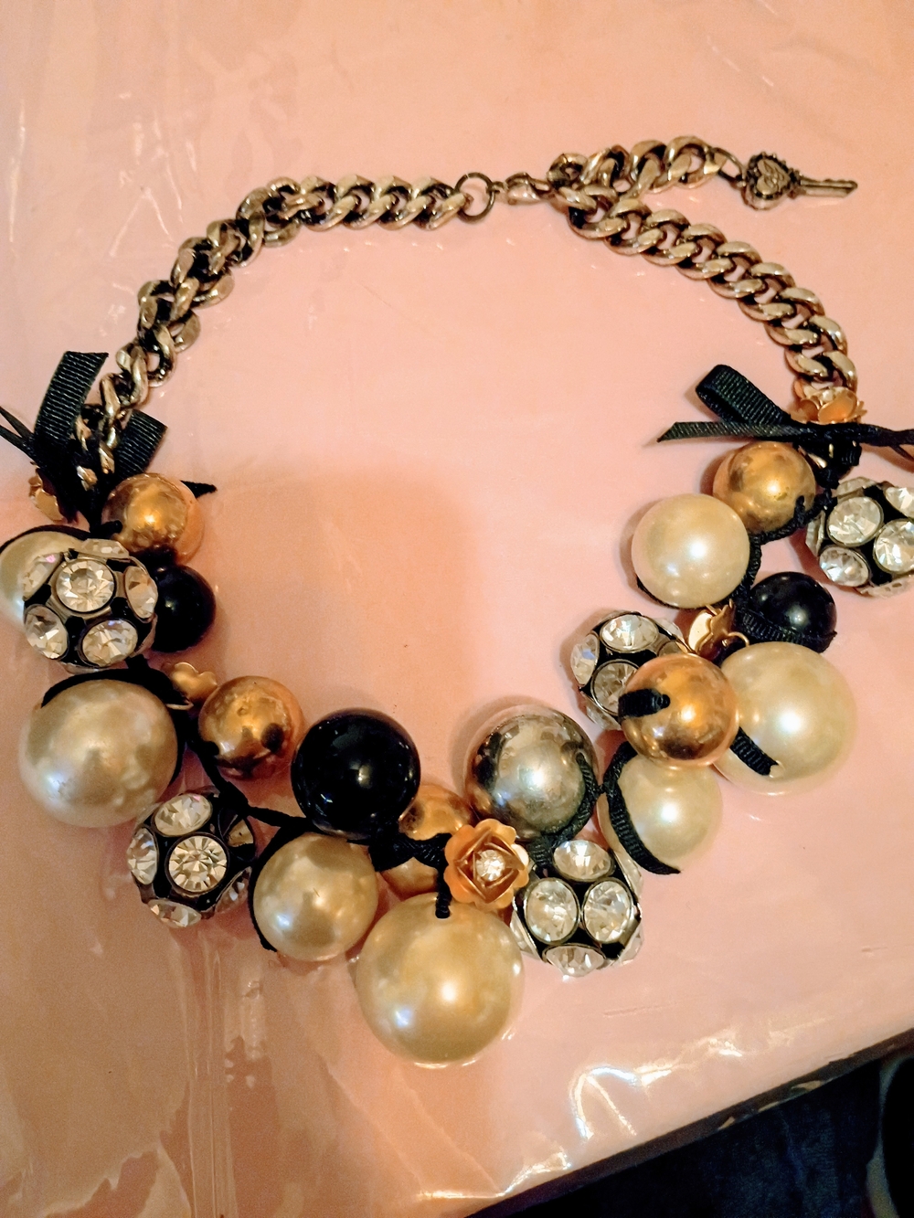 Betsey Johnson Gold, Black & Ivory Pearl Cluster Necklace